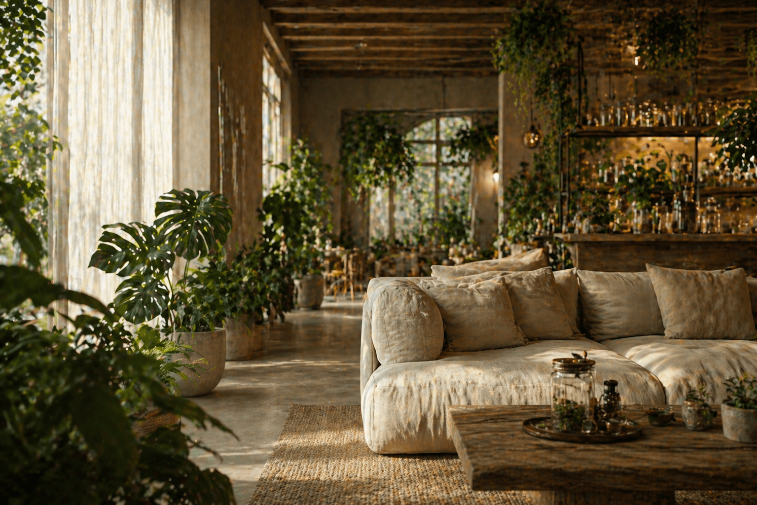 Warmer botanischer Clubraum mit Cannabispflanze, Glasgefäßen und Herbarium-Atmosphäre