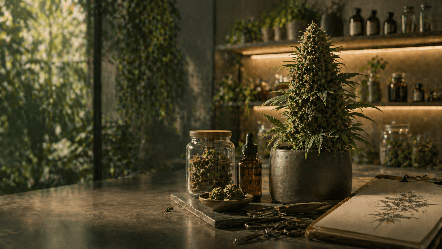 Warmer botanischer Clubraum mit Cannabispflanze, Glasgefäßen und Herbarium-Atmosphäre